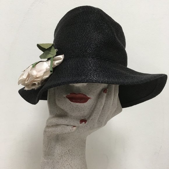 Patricia Underwood Ultimo black woven hat with removable flower rose pin slouchy main image 8